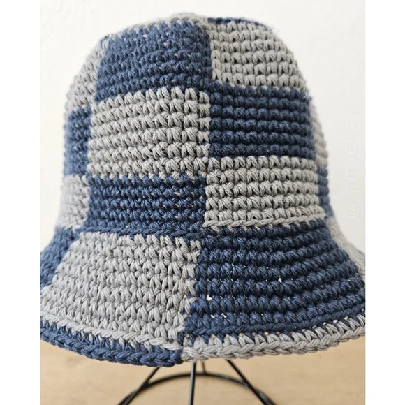 Checkered Crochet Bucket Hat - Navy/Gray (Handmade) - Picture 7 of 11